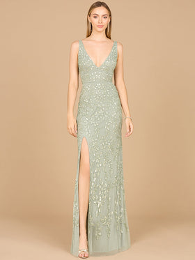 Lara 29080 Dusty Mint V-Neck Floral Beaded Evening Gown with High Slit