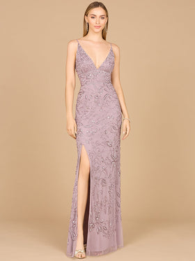 Lara 29081 Dusty Lavender V-Neck Embellished Gown with Slit - Outlet