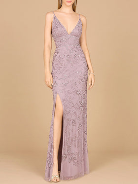 Embellished Gown with Slit And Spaghetti Straps  - OUTLET