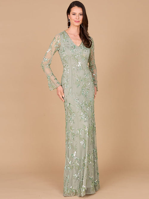 Beaded Dress with Sheer Long Sleeves