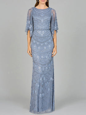 High Neck, Cape Sleeve Beaded Gown  - OUTLET