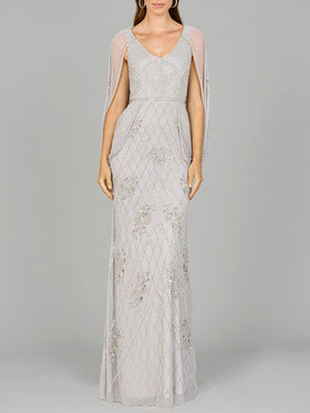 Lara 29095 V-Neck Beaded Gown with Shoulder Cape