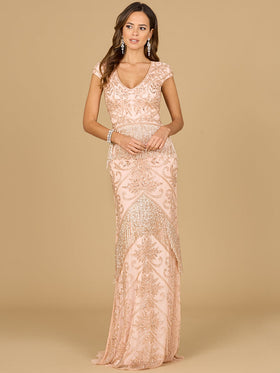 Lara 29098 Cap Sleeve Fringe Beaded Mother of the Groom Gown