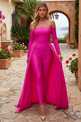 Off Shoulder Long-Sleeve Evening Jumpsuit with Open Lace-Up Back by Jessica Angel 877