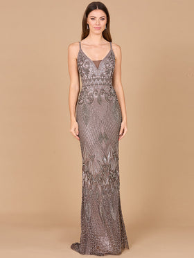 Lara 29107 Grey Sleeveless V-Neck Ornate Beaded Evening Gown