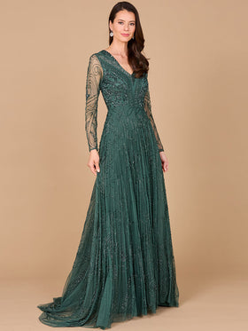 Lara 29116 Green Long Sleeve V-Neck Beaded A-Line Evening Gown