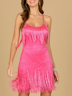 Lara 29121 Fuchsia Spaghetti Strap Fringe Mini Dress