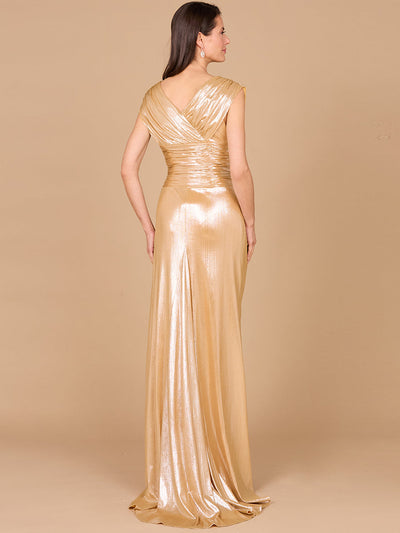 Lara 29124 Cap Sleeve V-Neck Mother of the Bride Dress Metallic Evening Gown with Slit