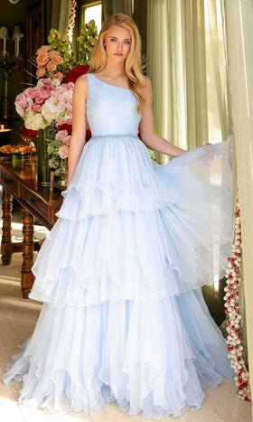 Ava Presley 29131 One-Shoulder Tulle A-Line Prom Gown with Ruffled Tiers