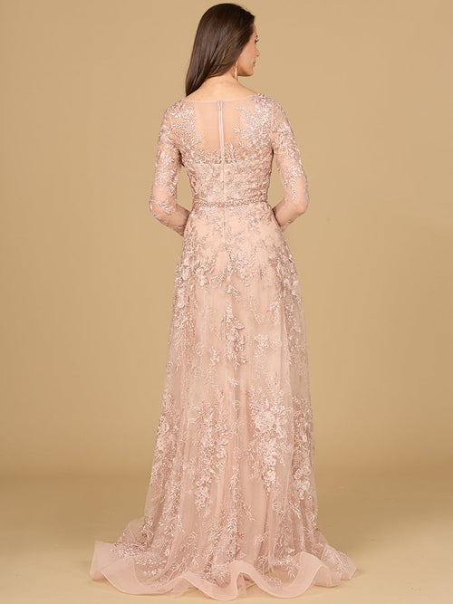 Long Sleeve V-Neck Lace Gown with Beaded Belt