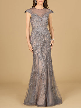 Lara 29134 Charcoal Cap Sleeve Lace Mermaid Gown