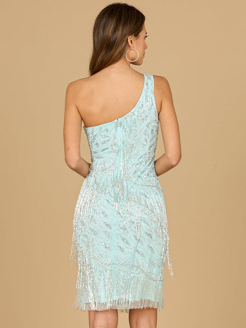 Lara 29140 One Shoulder Fringe Knee Length Cocktail Dress