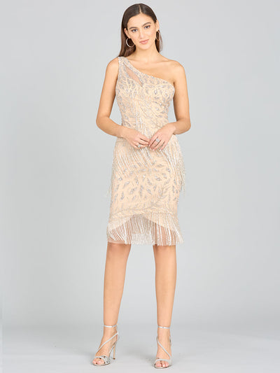 Lara 29140 One Shoulder Fringe Knee Length Cocktail Dress