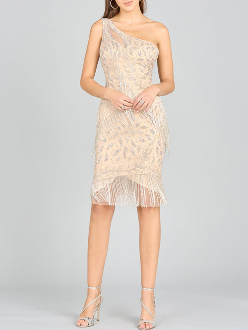 Lara 29140 One Shoulder Fringe Knee Length Cocktail Dress