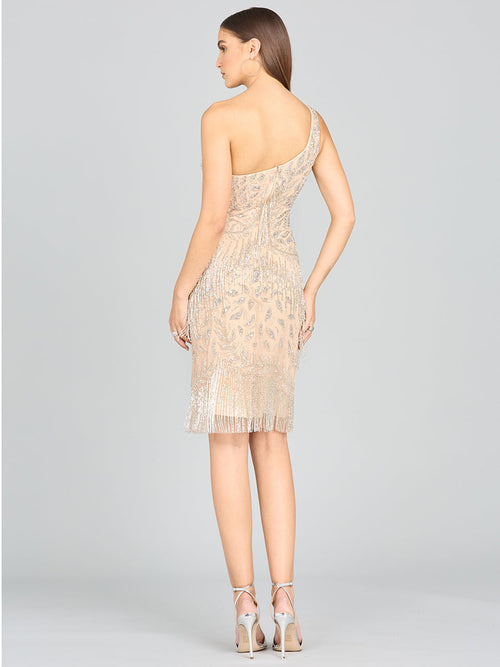 Lara 29140 One Shoulder Fringe Knee Length Cocktail Dress