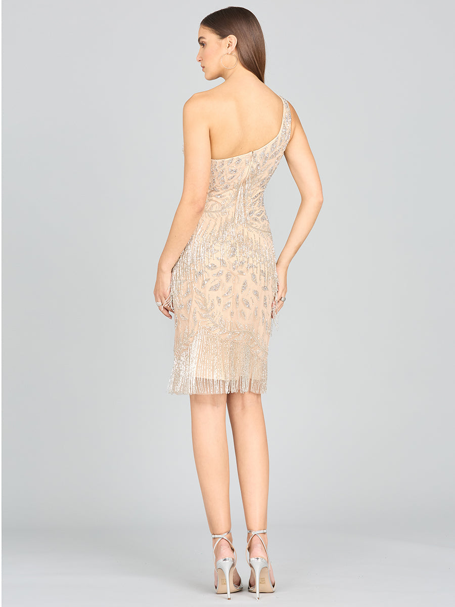 Lara 29140 One Shoulder Fringe Knee Length Cocktail Dress