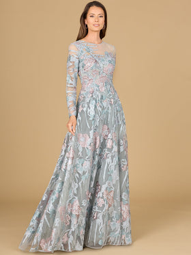 Lara 29145 Slate Multi Long Sleeve Illusion Neckline Floral A-Line Evening Gown