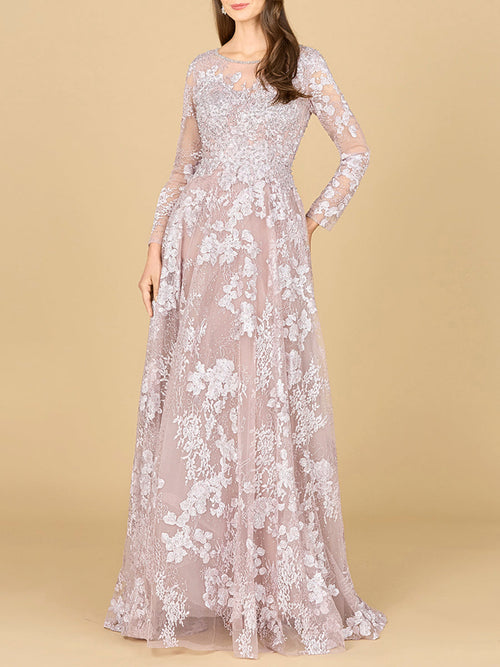 Long Sleeve, Illusion Neck Gown