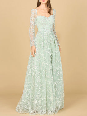 Long Sleeve Beaded Lace Gown
