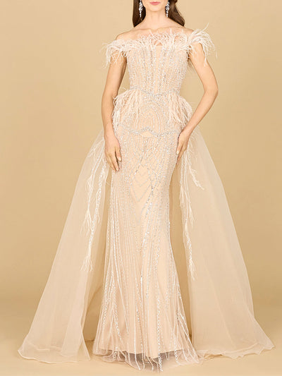 Lara 29161 Overskirt Mother of the Bride Dress Off Shoulder Evening Gown with Feathers