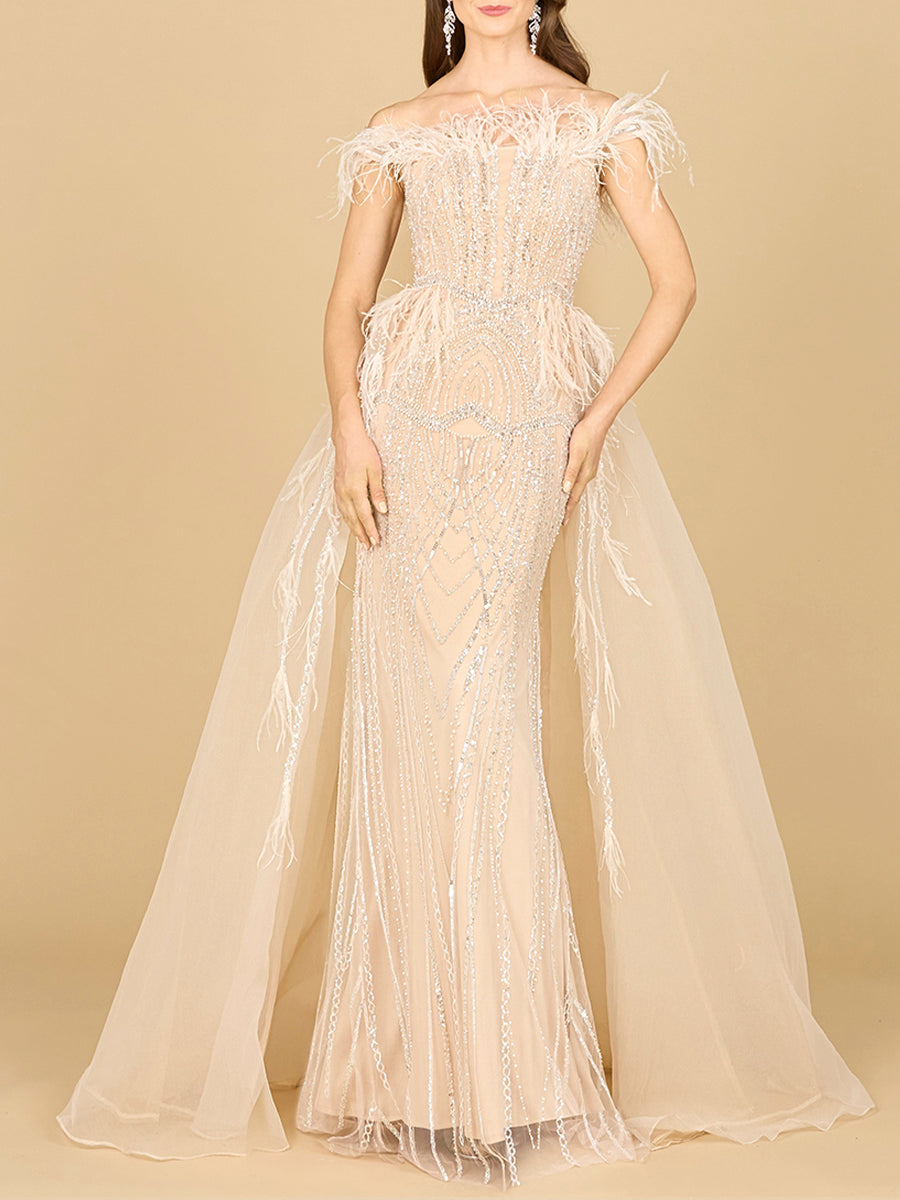 Lara 29161 Overskirt Mother of the Bride Dress Off Shoulder Evening Gown with Feathers
