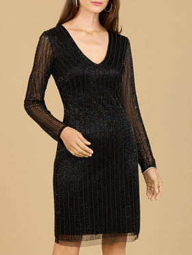 Lara 29164 Long Sheer Sleeve V-Neck Linear Beaded Cocktail Dress - Outlet