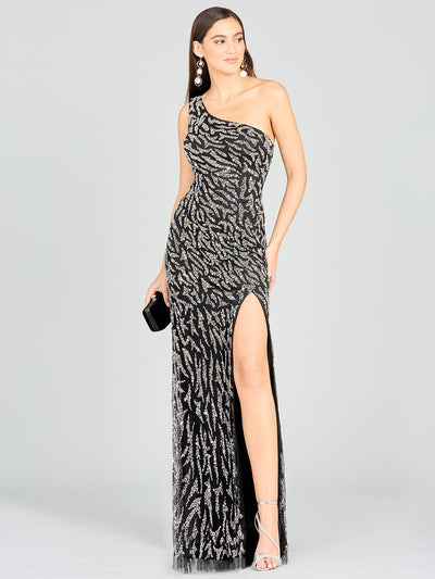 One-Shoulder Beaded Gown with High Slit