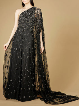 Lara 29172 Black One Shoulder Floral Beaded A-Line Gown with Long Cape