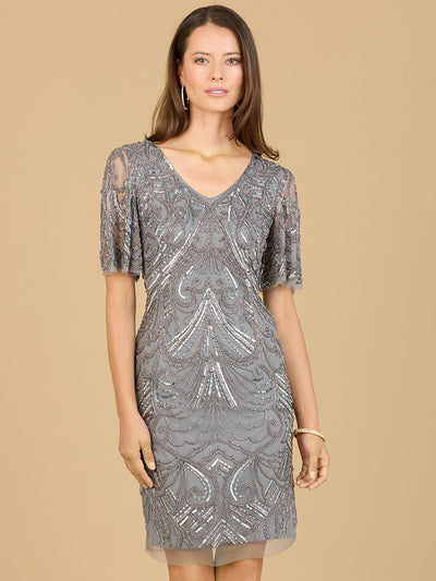 Lara 29182 Beaded Mother of the Bride Dress with Short Sleeves