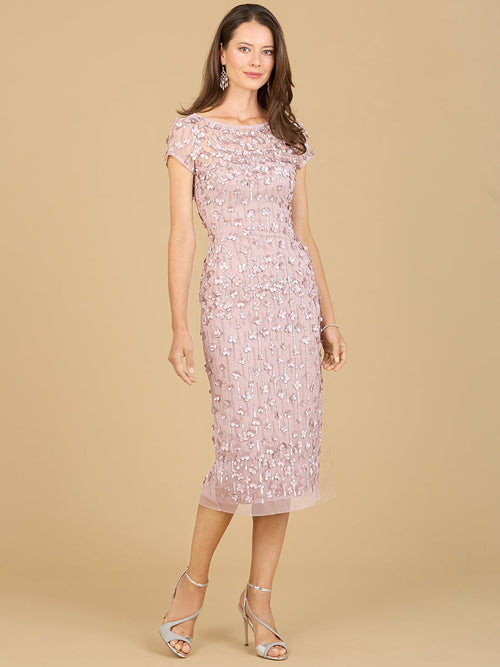 Tea Length Mother of the Groom Dress 3D Applique Cap Sleeve Cocktail Attire