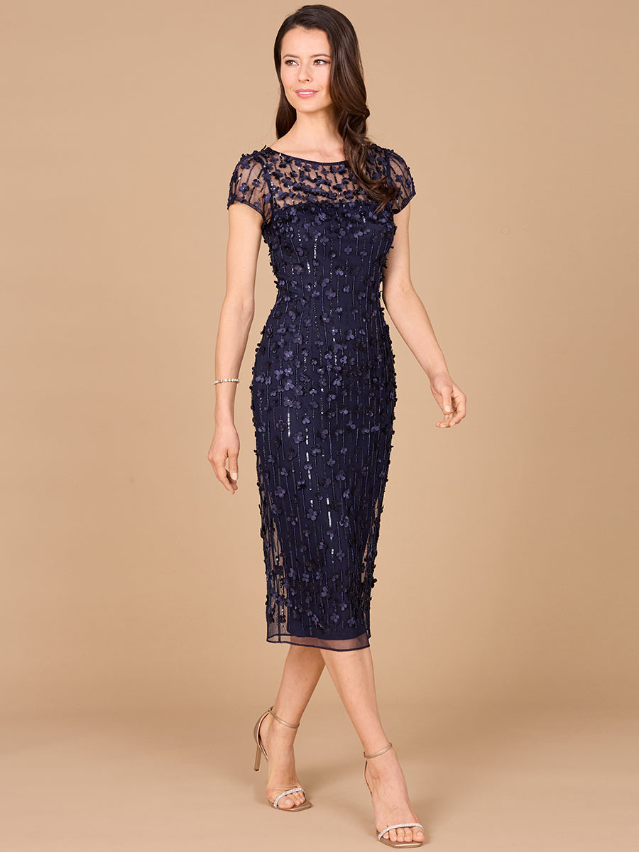 Tea Length Mother of the Groom Dress 3D Applique Cap Sleeve Cocktail Attire