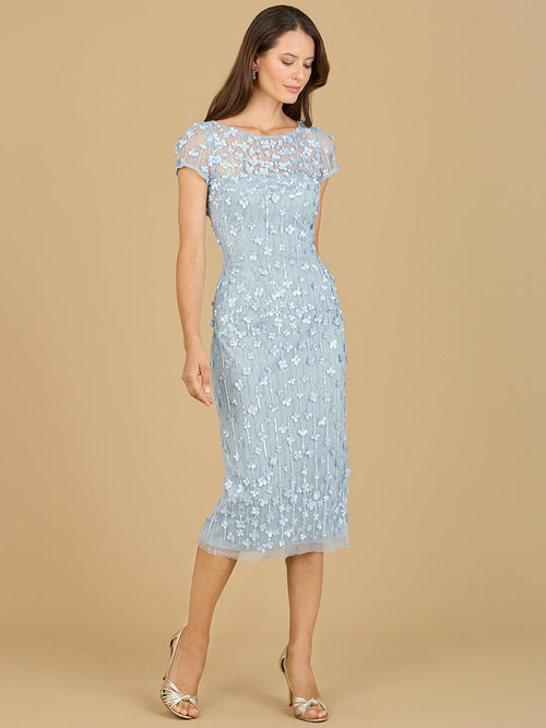 Tea Length Mother of the Groom Dress 3D Applique Cap Sleeve Cocktail Attire