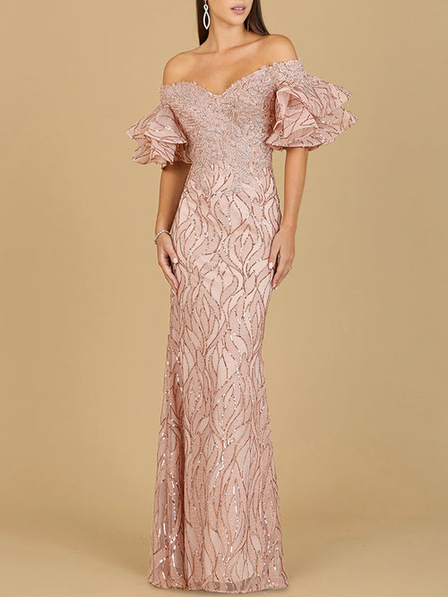 Off Shoulder Mermaid Beaded Gown with Tiered Sleeves