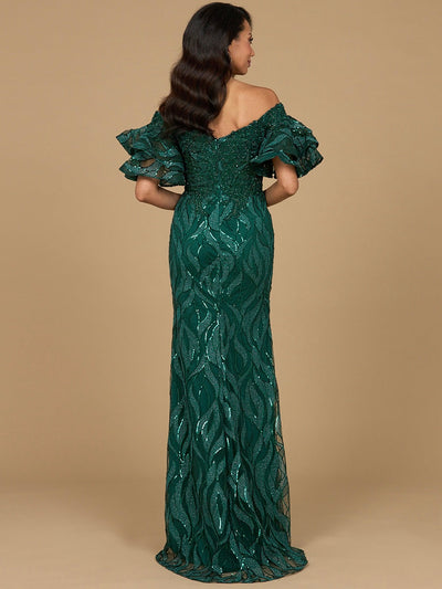 Off Shoulder Mermaid Beaded Gown with Tiered Sleeves