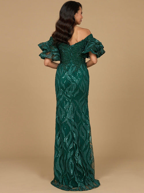 Off Shoulder Mermaid Beaded Gown with Tiered Sleeves