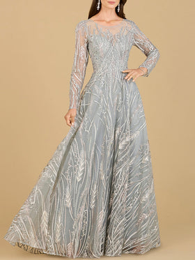 Lara 29192 Silver Sage Long Sleeve Illusion Neck Beaded Gown