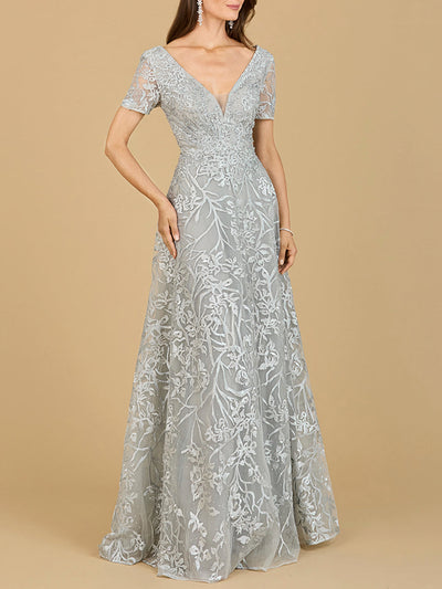 Short Sleeve Lace A-Line Dress with V-Neckline