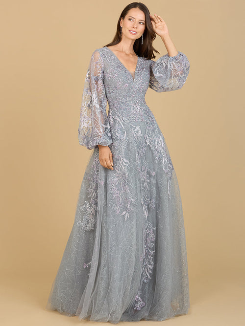 V Neckline Balloon Sleeve Gown