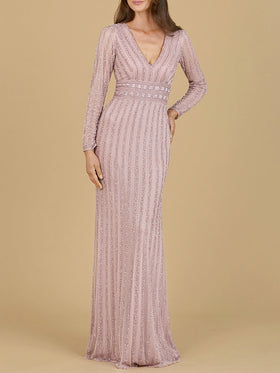 Long Sleeve V-Neck Beaded Gown