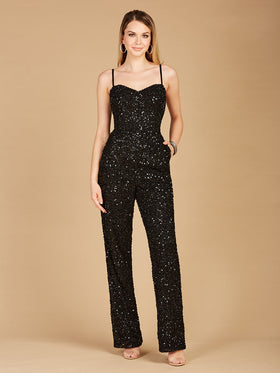 Lara 29204 Black Beaded Spaghetti Strap Jumpsuit