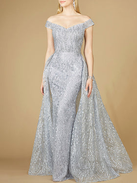 Lara 29205 Slate Off Shoulder Beaded Gown with Overskirt