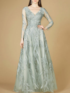 Lara 29209 Sage Long Sleeve V-Neck Lace Ball Gown
