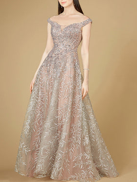 Lara 29211 Dusty Purple Off Shoulder Lace Ball Gown