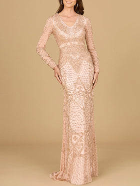 Lara 29054 Rose gold Long Sleeve V-Neck Geometric Beaded Evening Gown