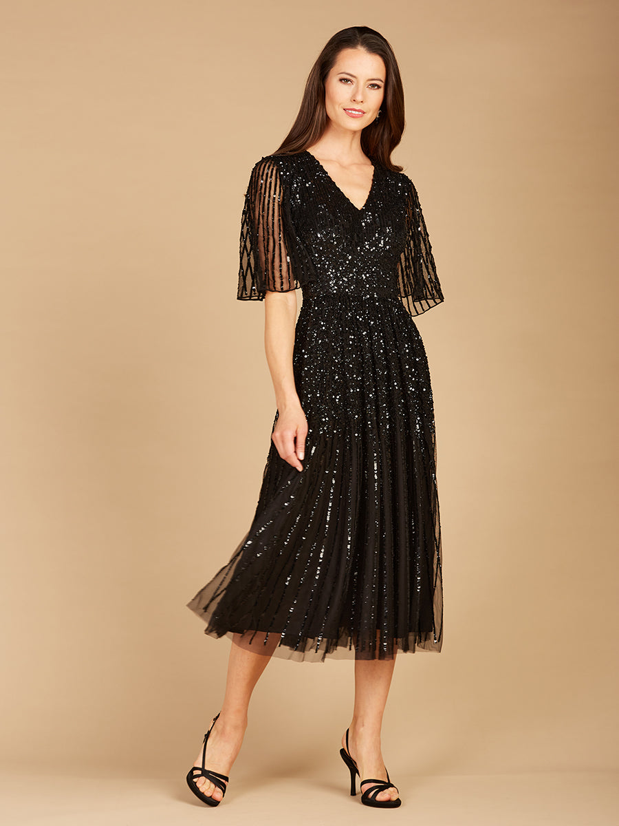 Lara 29221 Flowing Sequin Midi Mother of the Bride Dress with Short Sleeves