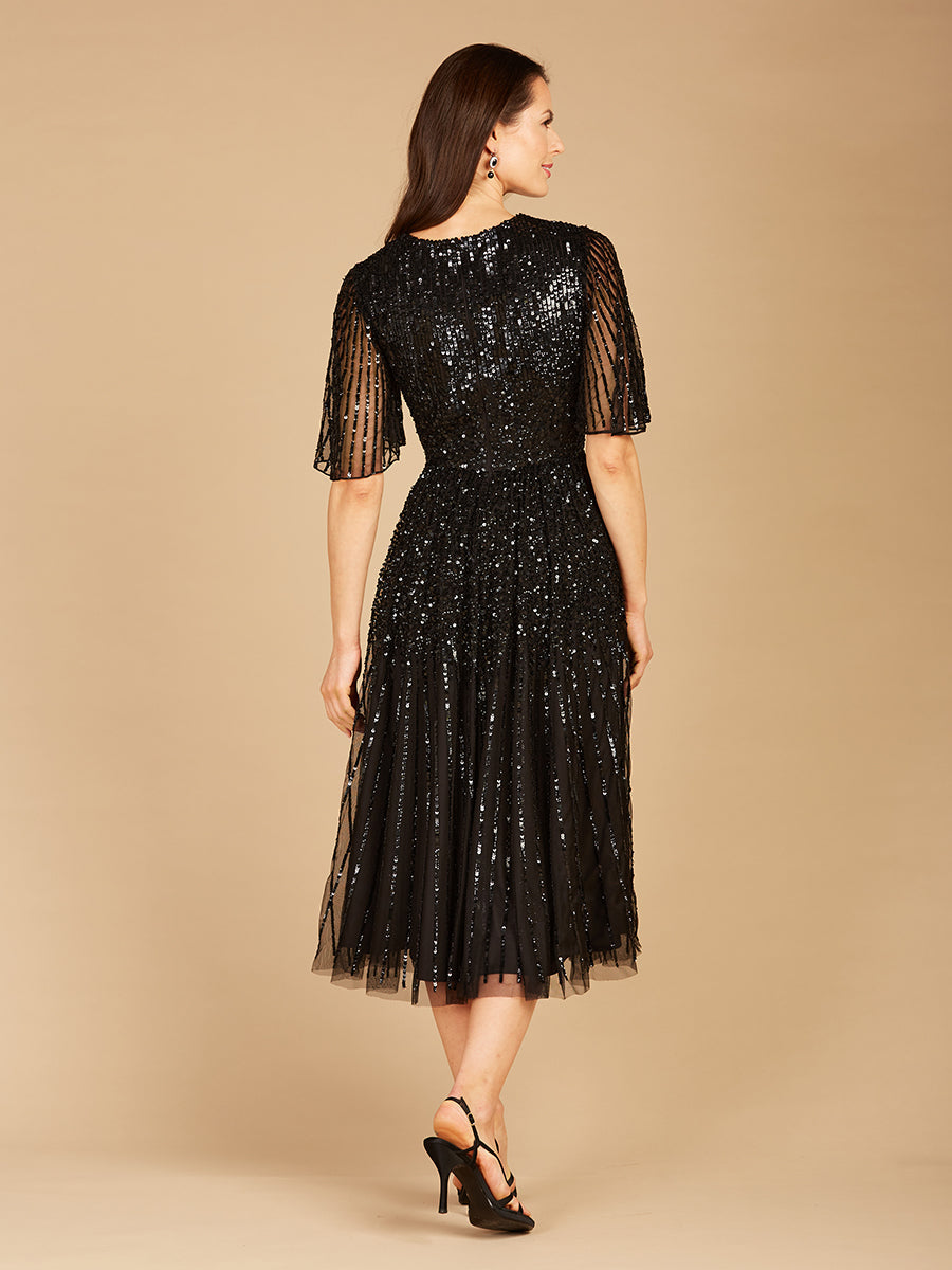 Lara 29221 Flowing Sequin Midi Mother of the Bride Dress with Short Sleeves