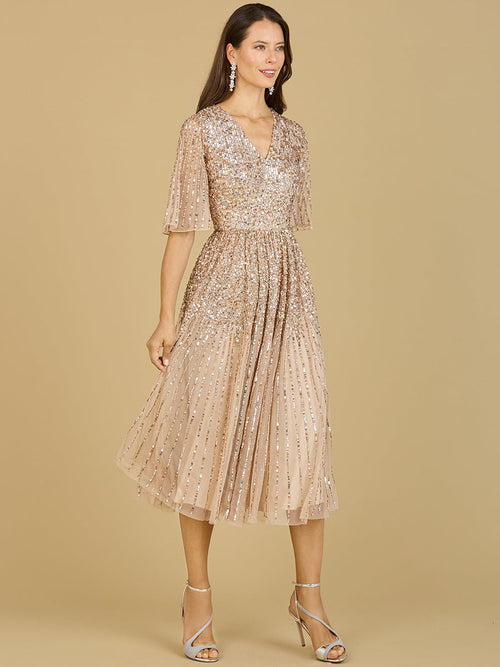 Lara 29221 Flowing Sequin Midi Mother of the Bride Dress with Short Sleeves