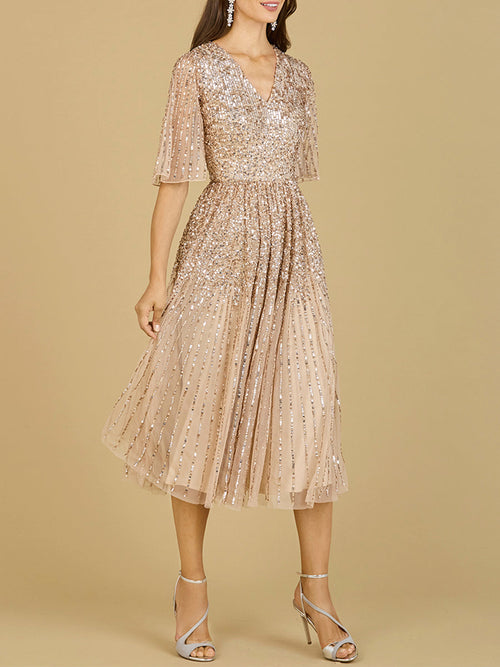 Lara 29221 Flowing Sequin Midi Mother of the Bride Dress with Short Sleeves