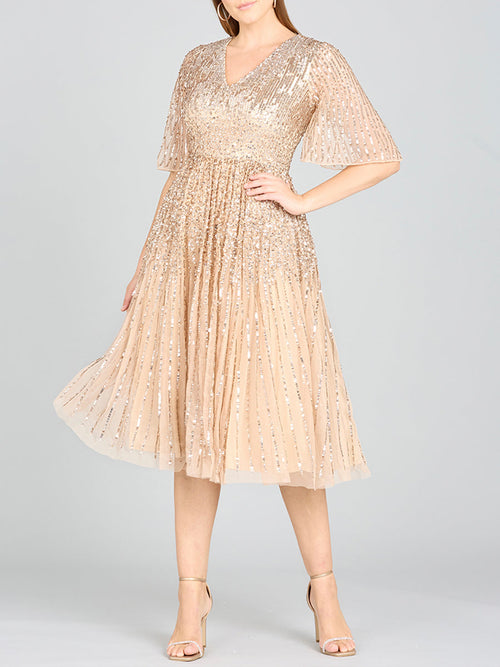 Lara 29221 Flowing Sequin Midi Mother of the Bride Dress with Short Sleeves