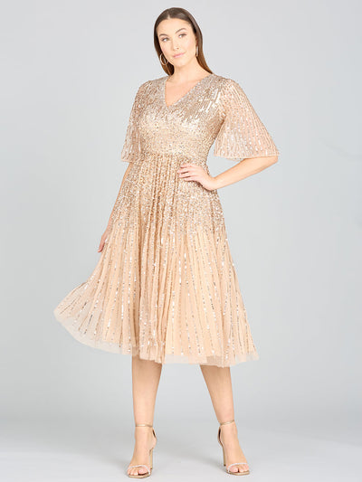Lara 29221 Flowing Sequin Midi Mother of the Bride Dress with Short Sleeves